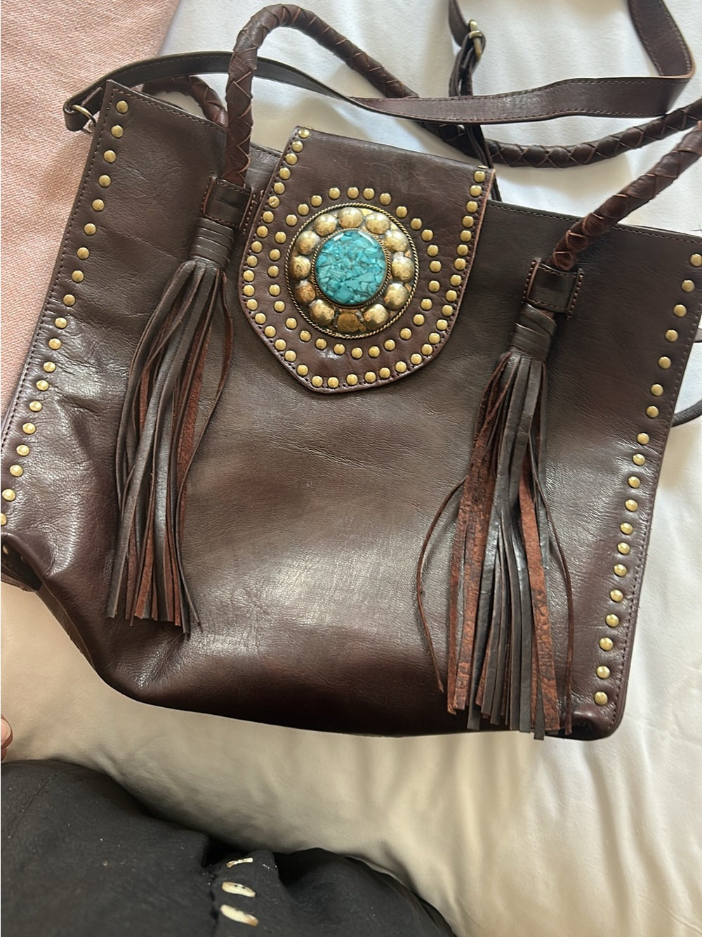Large Leather Tassel Shoulder Bag with Turquoise Accent